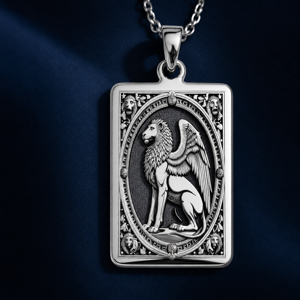 Venice Winged Lion St Mark Tarot Pendant — Solid 925 Sterling Silver front view