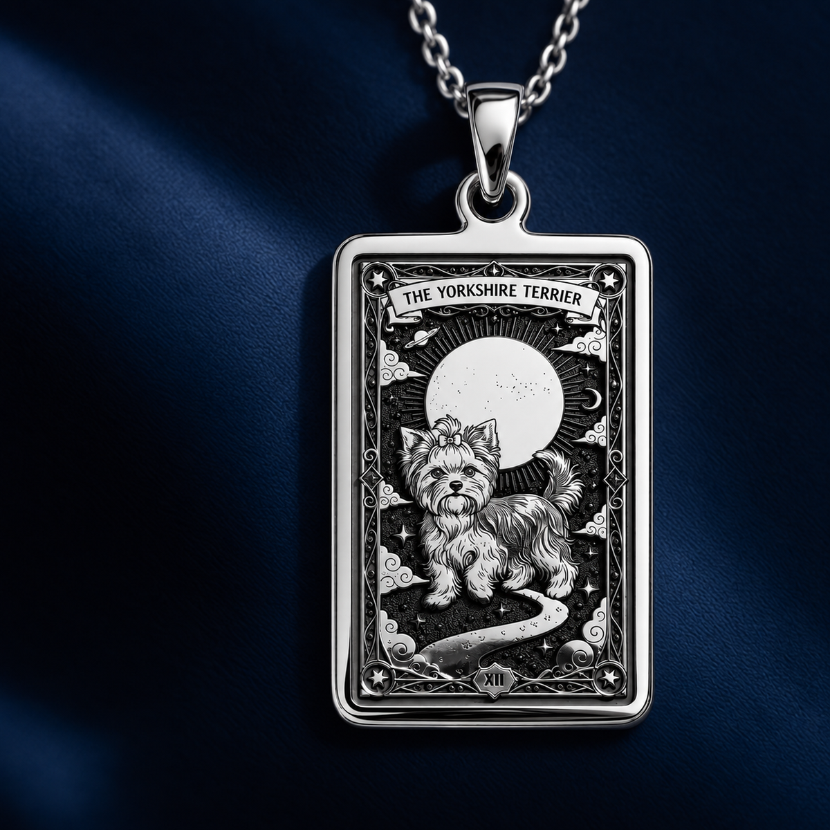 A striking 925 sterling silver Yorkshire Terrier charm. The art shows the tiny-but-mighty dog, a meaningful piece of jewelry for a pet owner.
