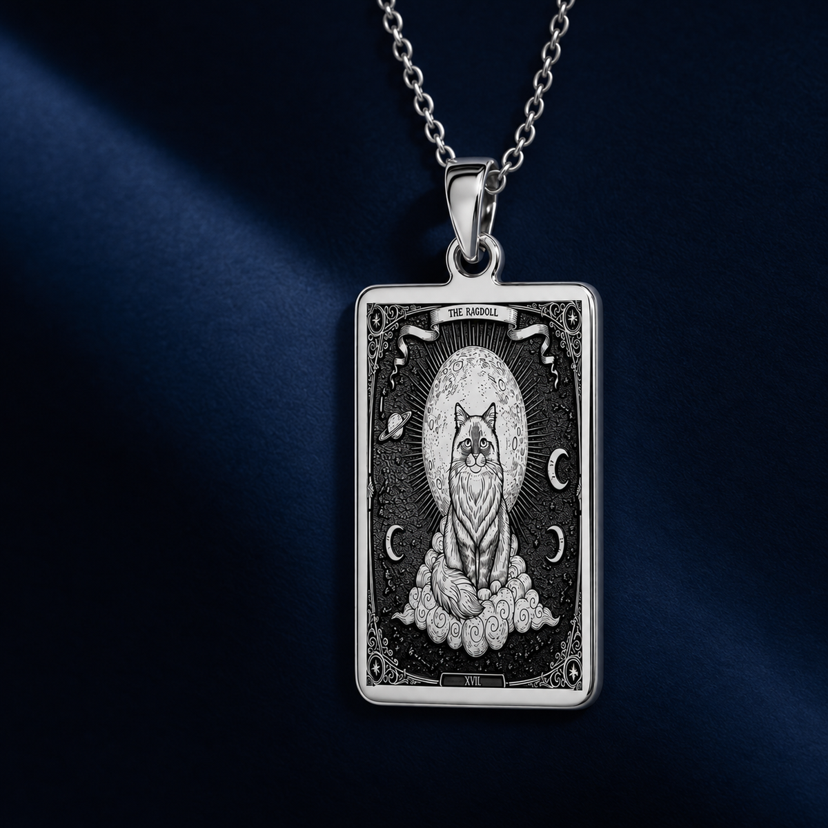 A personalized 925 sterling silver Ragdoll Cat necklace. This gift celebrates the peaceful soul of the Ragdoll, a cherished pet memorial keepsake.
