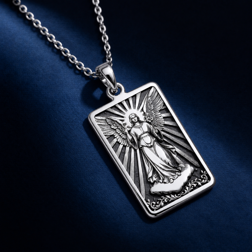 Silver rectangular pendant engraved with a detailed design of an angel figure with wings and radiating lines. The pendant is attached to a silver-toned chain and rests among various faceted, clear and amber gemstones.