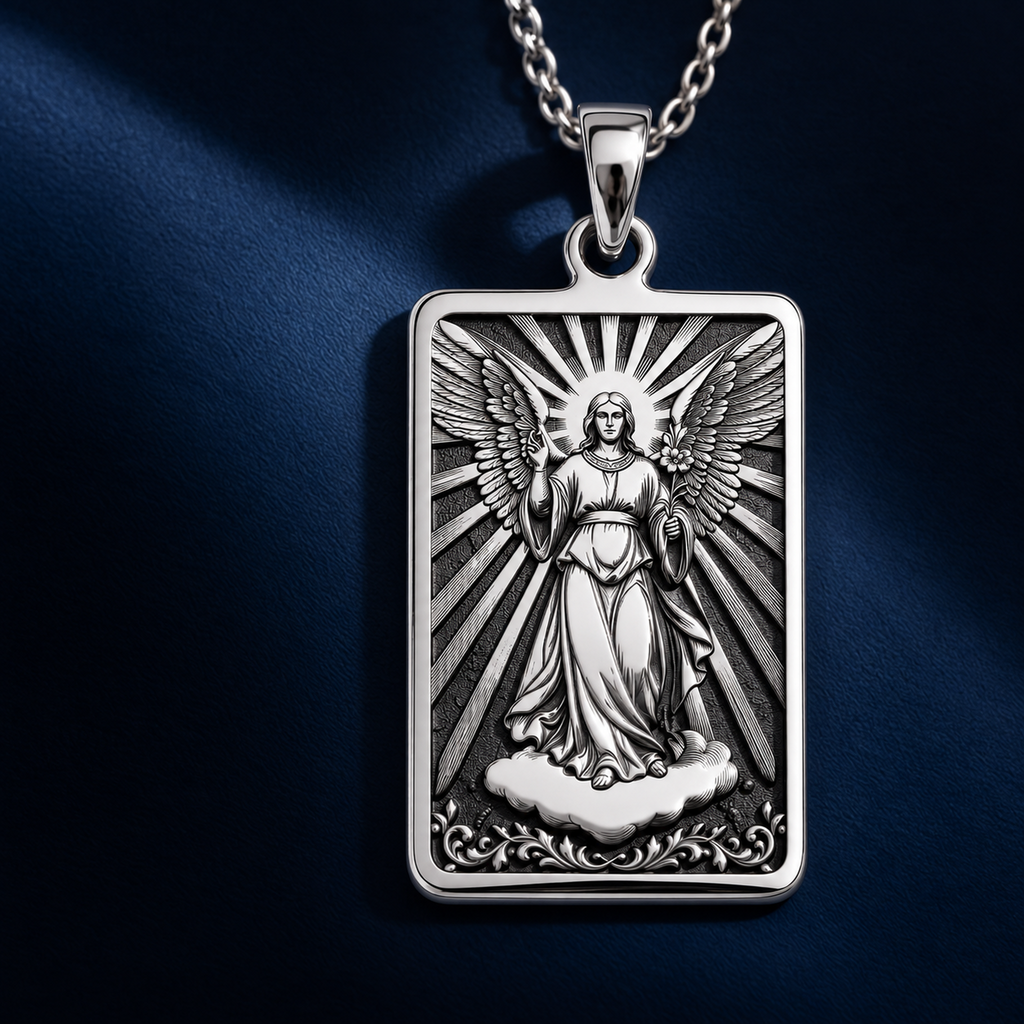Silver pendant featuring a design of an archangel Gabriel with wings, shown from the front view. The image displays various size options for the pendant and chain lengths.