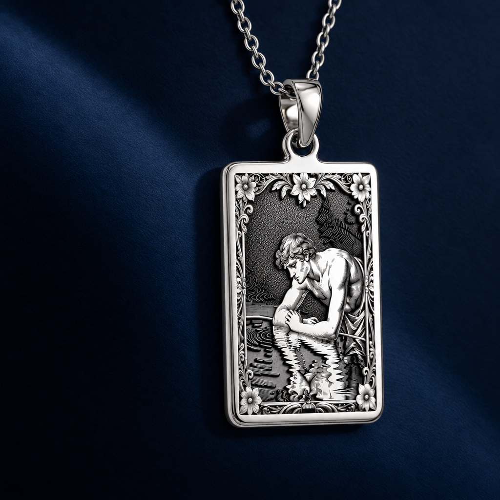 Silver pendant featuring a detailed design of a Narcissus Greek mythology motif in a dark academia gothic style. The pendant has an antique or oxidized surface finish and is shown from a slightly angled view.