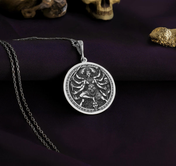Silver Kali Maa necklace showcasing a sacred Hindu goddess charm, crafted for spiritual protection. A symbolic statement of devotion and heritage.