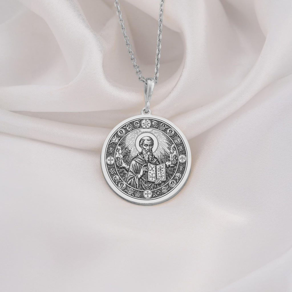 925 Sterling Silver Saint Dionysius Areopagite Medallion showcasing revered Orthodox saint with holy book and celestial halo surrounded by sacred crosses. Detailed religious coin pendant. Premium Orthodox jewelry for spiritual protection.