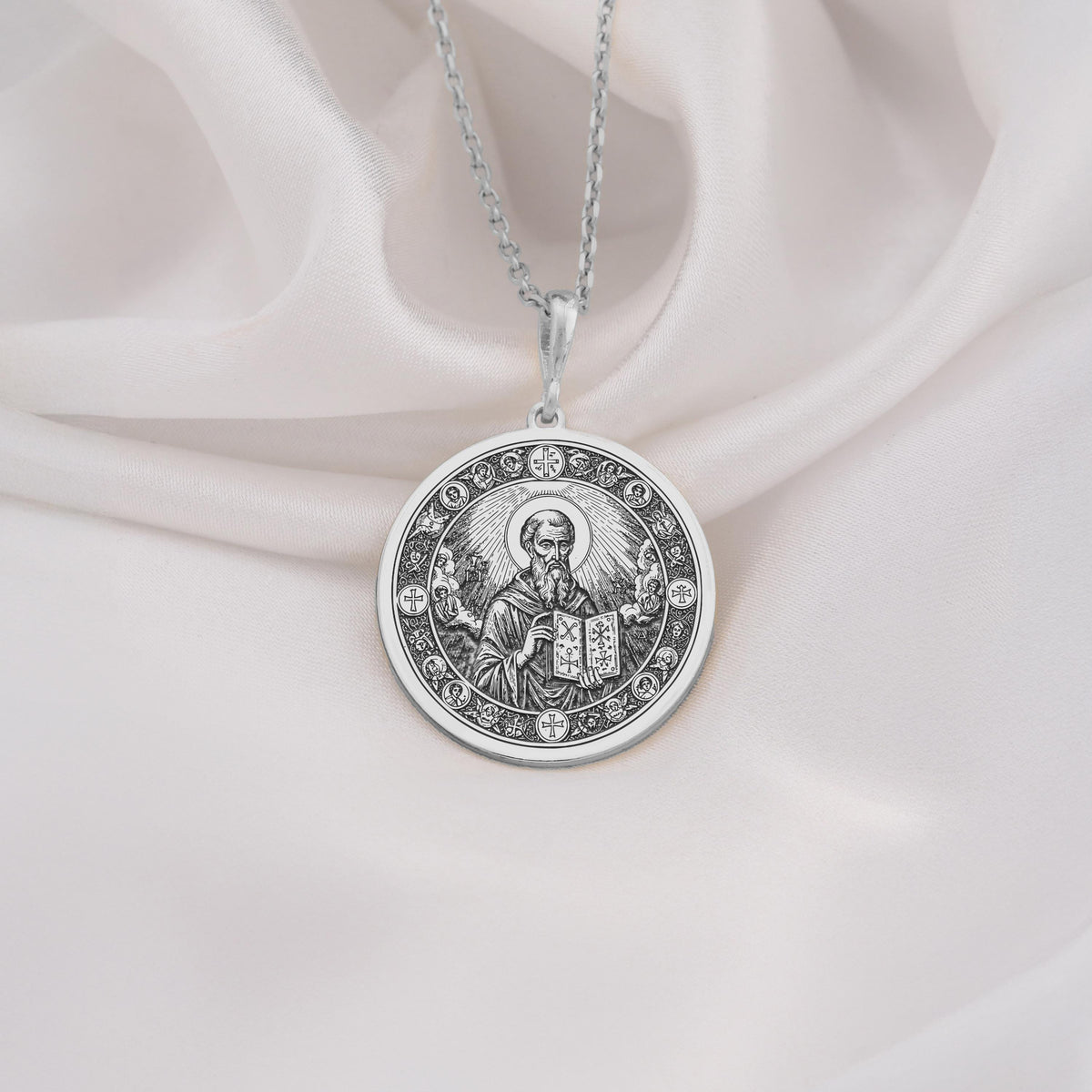 925 Sterling Silver Saint Dionysius Areopagite Medallion showcasing revered Orthodox saint with holy book and celestial halo surrounded by sacred crosses. Detailed religious coin pendant. Premium Orthodox jewelry for spiritual protection.