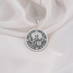 925 Sterling Silver Saint Dionysius Areopagite Medallion showcasing revered Orthodox saint with holy book and celestial halo surrounded by sacred crosses. Detailed religious coin pendant. Premium Orthodox jewelry for spiritual protection.