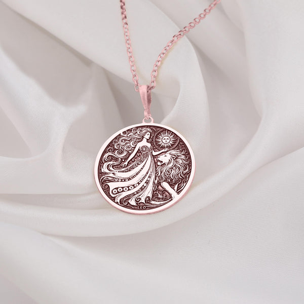 Rose Gold Plated Leo Women Zodiac Necklace featuring a lion horoscope pendant. A trendy, celestial piece of jewelry perfect for astrology enthusiasts, Leo women, and personalized zodiac gifts.