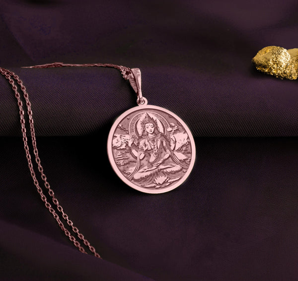 Buddhist Bodhisattva Tara Rose Gold Pendant necklace featuring a detailed pendant of the Buddhist goddess, symbolizing compassion and protection. Tara coin pendant This luxurious piece combines spiritual significance with timeless style, perfect for those seeking meaningful jewelry.