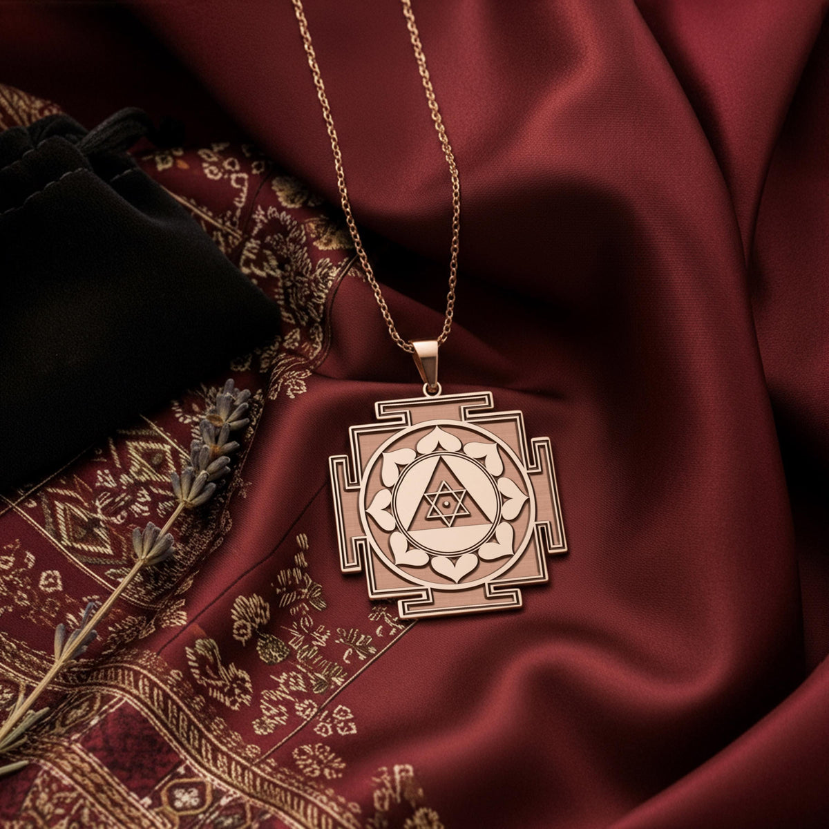 The 925 sterling silver Ganesh Yantra necklace, a spiritual amulet for good luck and success, is displayed on red silk with lavender. The light catches the detailed sacred geometry of the Remover of Obstacles, emphasizing its handcrafted quality. This powerful talisman makes a meaningful graduation or new job gift, with options in 14k gold and rose gold plated.