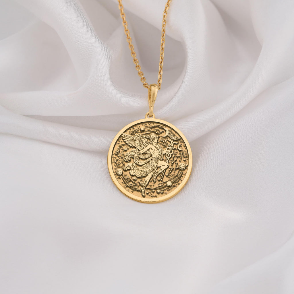 Hermes Medallion Pendant Necklaces 14K 14K Gold Plated winged eagle pendant with intricate scrollwork on a round disc necklace
