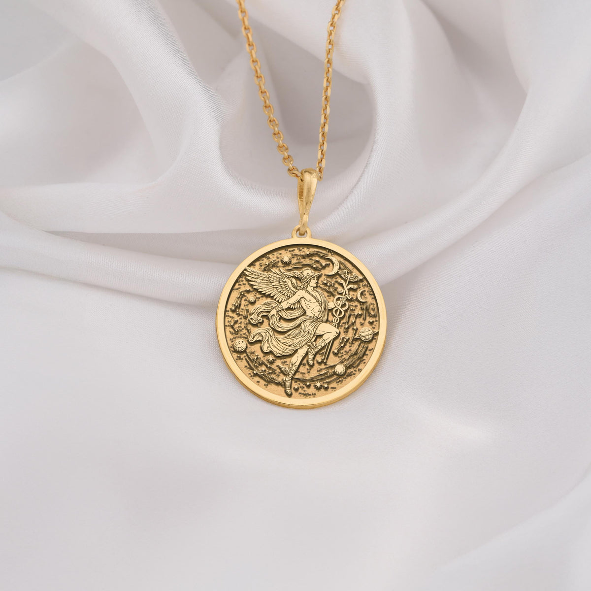 Hermes Medallion Pendant Necklaces 14K 14K Gold Plated winged eagle pendant with intricate scrollwork on a round disc necklace