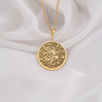 Hermes Medallion Pendant Necklaces 14K 14K Gold Plated winged eagle pendant with intricate scrollwork on a round disc necklace