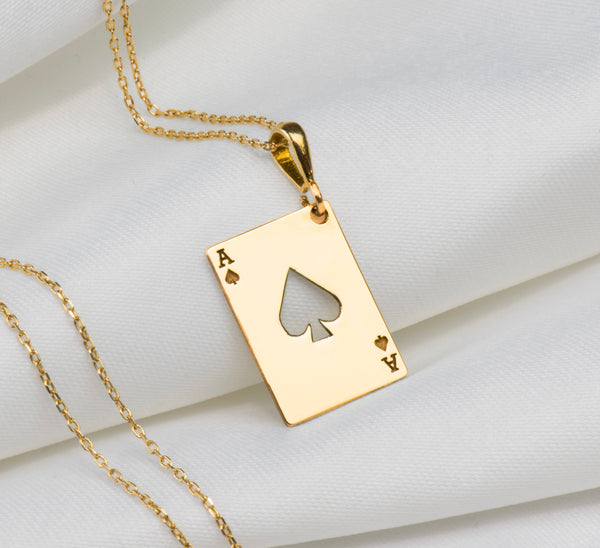 14k solid gold Ace of Spades rectangle pendant, real gold playing card charm, dainty minimalist design, unique gift for card lovers, lightweight and versatile, boho layering, statement charm, symbol of resilience, perfect for daily wear.