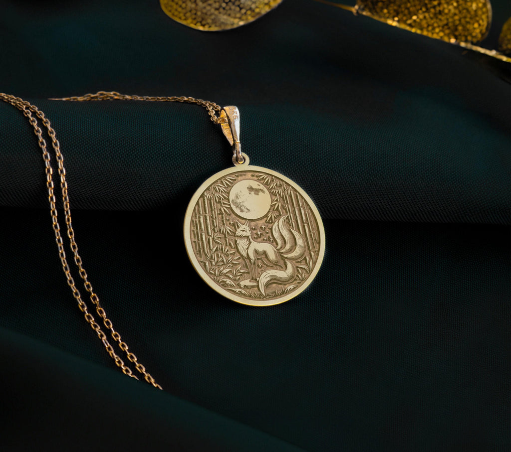Kitsune Fox Spirit Animal Charm Pendant Necklaces 14K 14K Gold Plated pendant necklace featuring a crescent moon and coiled snake design.