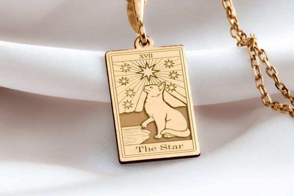The Star Cat Tarot Card gold charm pendant, gold tarot cat charm for women, The Star Cat pendant in 14k gold, gold tarot card necklace for cat lovers, gold Star Cat tarot charm for girls,