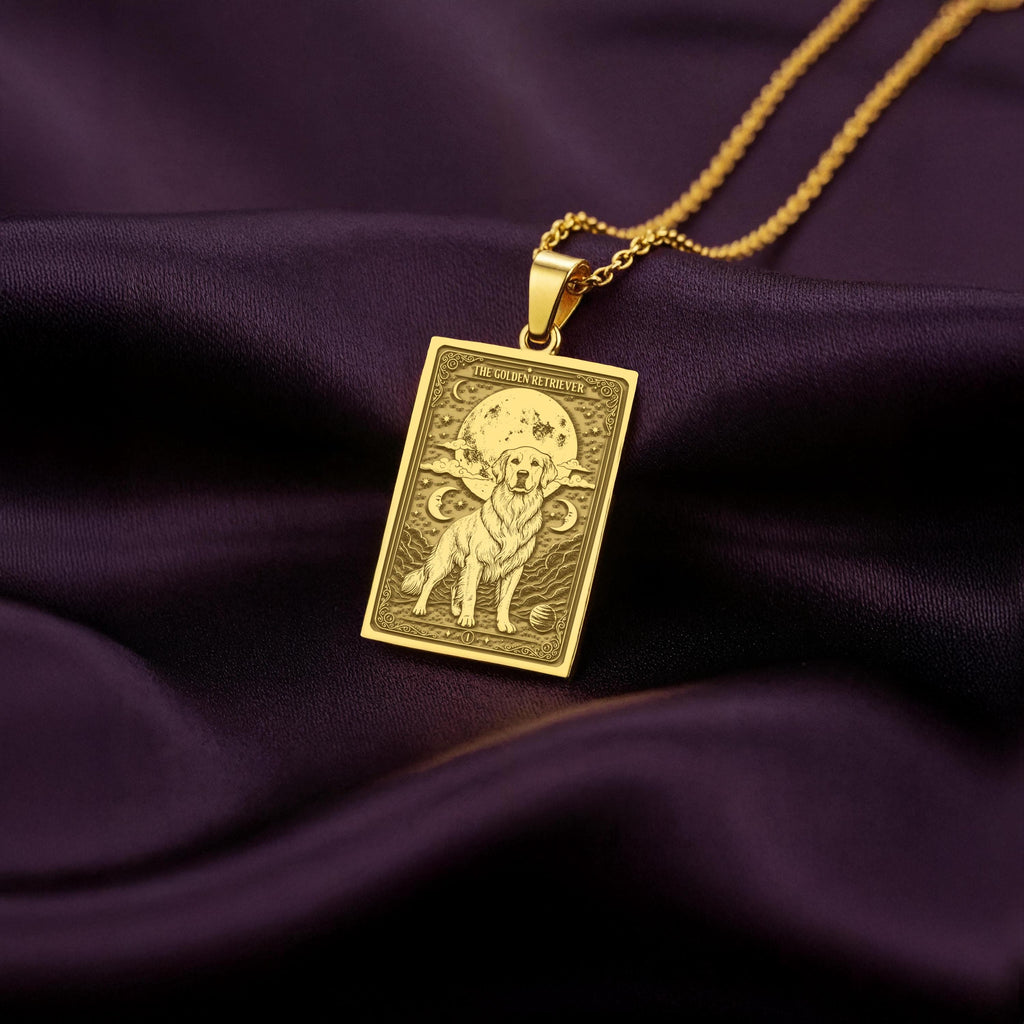 A polished 14K solid gold Golden Retriever medallion. This fine pet jewelry represents the breed's gentle heart, making it a perfect Golden lover gift.