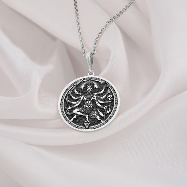 &quot;Silver Kali Maa necklace showcasing a sacred Hindu goddess charm, crafted for spiritual protection. A symbolic statement of devotion and heritage.&quot;