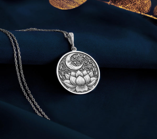 Silver Lotus Crescent Moon Necklace, handmade and personalized spiritual jewelry for women. Minimalist boho style with celestial charm. Perfect gift for yoga lovers, birthdays, anniversaries, or everyday wear.