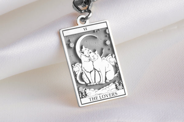 Silver Cat Lovers Tarot Necklace, The Lovers Cat Pendant, Silver Cat Tarot Charm, Feline Couple Necklace, Cat Tarot Card Jewelry, Cat Love Symbol Pendant, Zodiac Cat Lovers Necklace, Handmade Cat Tarot Pendant, Cat Couple Tarot Necklace
