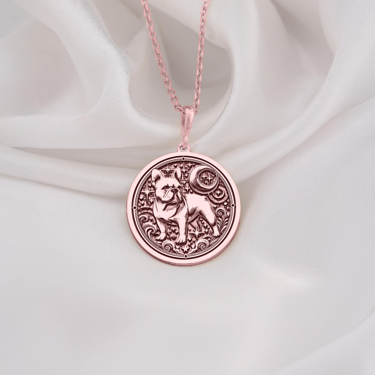 French Bulldog Spirit Animal Pendant Necklaces 14K Rose 14K 14K Rose Gold Plated pendant necklace featuring a dog silhouette design with intricate filigree scrollwork.