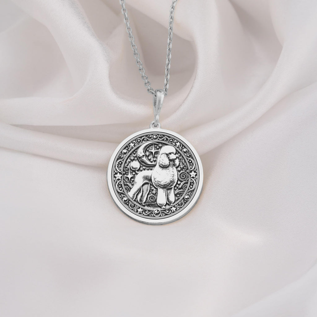Custom Poodle Dog Medallion Pendant Necklaces 925 925 Sterling Silver metal pendant with engraved animal design and filigree border necklace