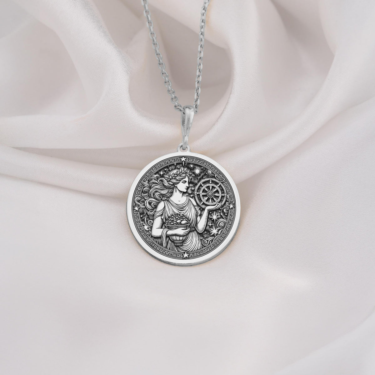 Sterling Silver Greek goddess Tyche pendant, engraved with celestial details. A timeless mythology coin necklace, perfect as a lucky charm or silver astrology medallion for history and spirituality lovers.