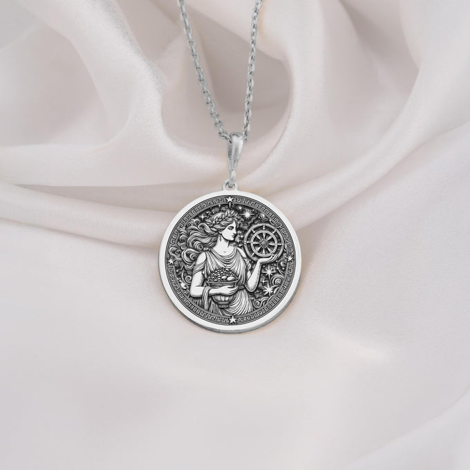 Sterling Silver Greek goddess Tyche pendant, engraved with celestial details. A timeless mythology coin necklace, perfect as a lucky charm or silver astrology medallion for history and spirituality lovers.