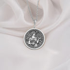 Sterling Silver Greek goddess Tyche pendant, engraved with celestial details. A timeless mythology coin necklace, perfect as a lucky charm or silver astrology medallion for history and spirituality lovers.