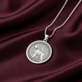 925 Sterling Silver Schnauzer medallion with a beautifully detailed engraving of the dog's side profile. This custom pet portrait pendant features the classic bearded silhouette and a decorative border. Timeless jewelry for a Schnauzer owner.