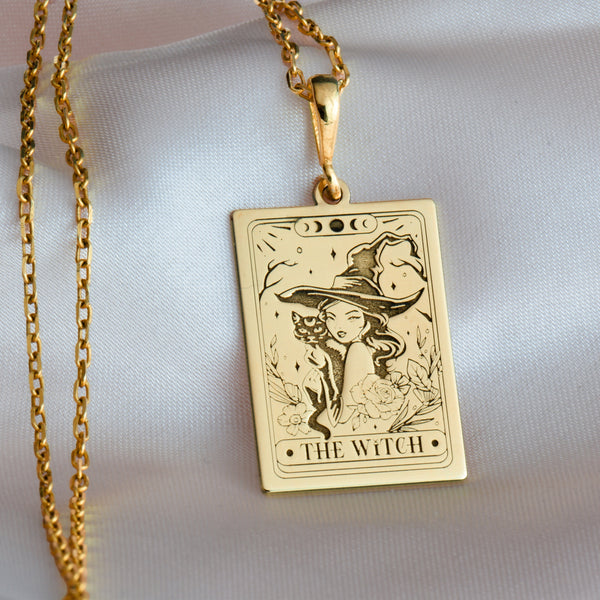 gold witch necklace with catCrystal cat pendant witchcraftVintage witch necklace with feline charmBlack cat occult necklaceWitchcraft cat pendant&quot;Magical cat charm necklace Solid gold witch necklace with hat