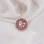 Fluffy Pomeranian Celestial Dog Pendant Necklaces Rose 14K Rose 14K 14K Rose 14K 14K Rose Gold Plated round pendant with stylized animal face and intricate scrollwork necklace