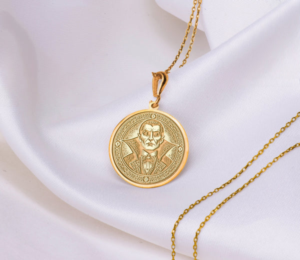Dracula Round Pendant, Solid Gold Dracula Necklace, gold dracula medallion, Dracula Gold amulet, Dracula Coin Charm, Dracula disc Pendant , Dracula Gold Chain , Dracula Pendant, Dracula Silver Pendant, Dracula Charm necklace, Dracula Charm pendant,