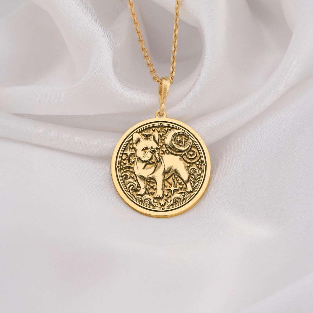 French Bulldog Spirit Animal Pendant Necklaces 14K 14K Gold Plated pendant necklace featuring an embossed dog design in a circular frame.