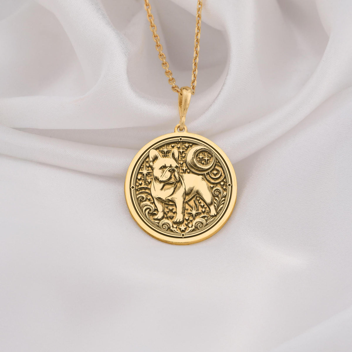 French Bulldog Spirit Animal Pendant Necklaces 14K 14K Gold Plated pendant necklace featuring an embossed dog design in a circular frame.