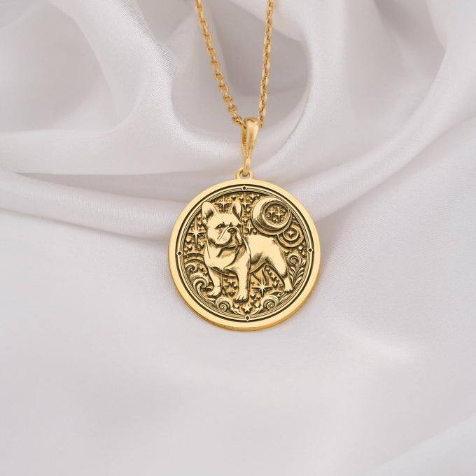 Elegant 14K Solid Gold French Bulldog pendant, featuring a finely detailed dog medallion. A perfect pet lover’s charm, symbolizing loyalty, companionship, and protection, making it a meaningful gold Frenchie necklace for dog enthusiasts.