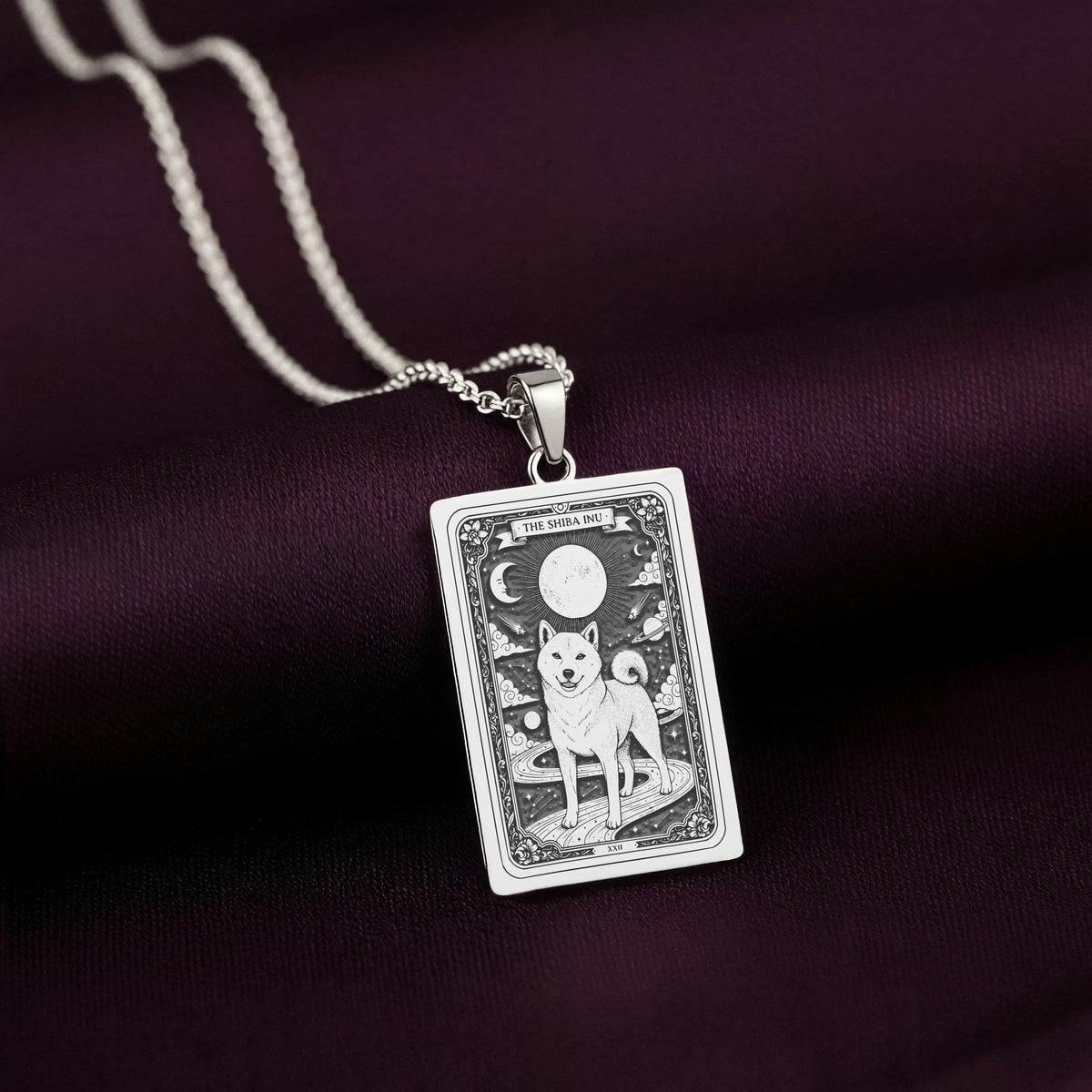 A striking 925 sterling silver Shiba Inu charm. The art shows the celestial dog, a meaningful piece of jewelry for a pet owner.