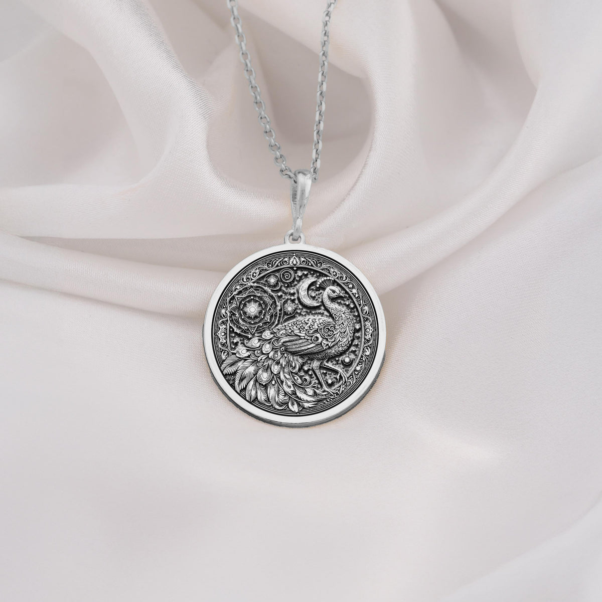 Ornate 925 Sterling Silver peacock necklace featuring floral and celestial mandala designs. A refined gift for bird lovers.
