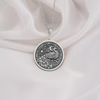 Ornate 925 Sterling Silver peacock necklace featuring floral and celestial mandala designs. A refined gift for bird lovers.