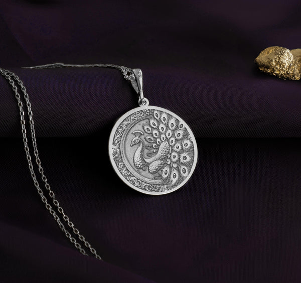 Sterling silver peacock peafowl pendant necklace with detailed feather engraving. Elegant silver pendant for peacock lovers, perfect as a gift or for daily wear. Handmade silver peacock jewelry timeless style and intricate artistry for women and men.