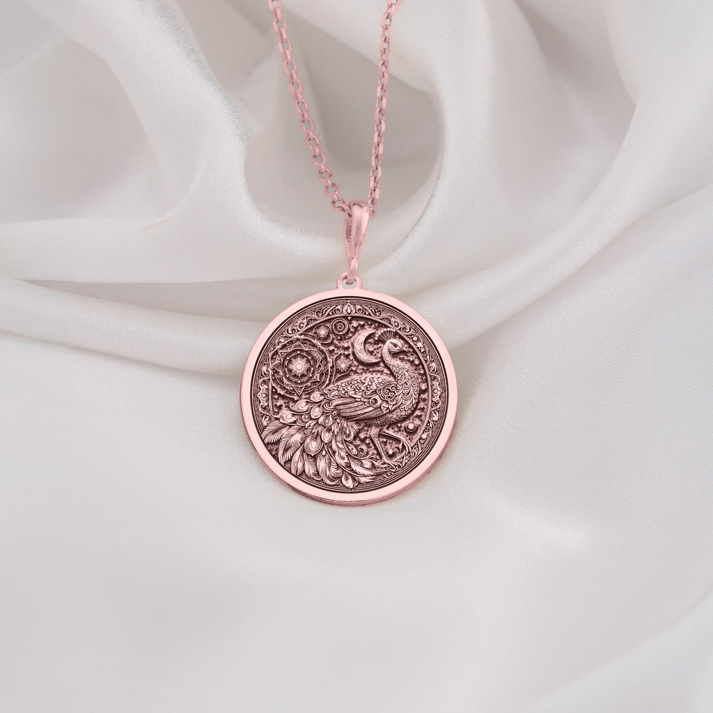 Stylish Rose Gold Plated peacock medallion necklace with rich engraved textures. A feminine bird pendant for her.