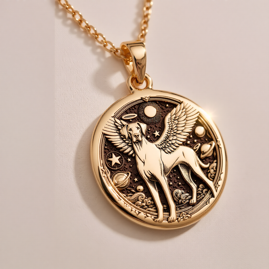 Doberman Angel Medallion Pet Memorial Necklace Necklaces 14K 14K Gold Plated winged dog pendant with stars and circular frame necklace