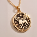 Doberman Angel Medallion Pet Memorial Necklace Necklaces 14K 14K Gold Plated winged dog pendant with stars and circular frame necklace