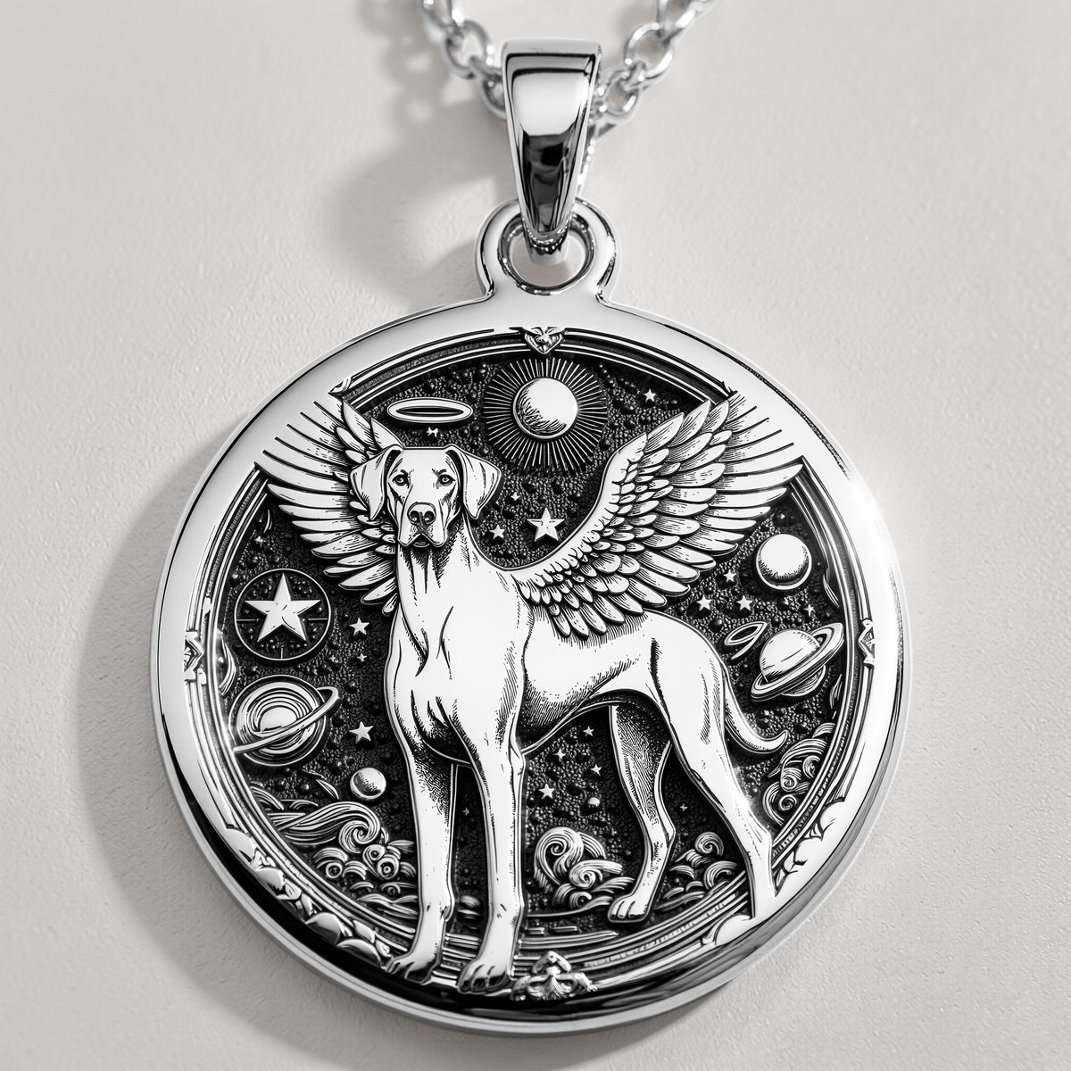 Doberman Angel Medallion Pet Memorial Necklace Necklaces 925 925 Sterling Silver sterling silver winged dog pendant with celestial design necklace