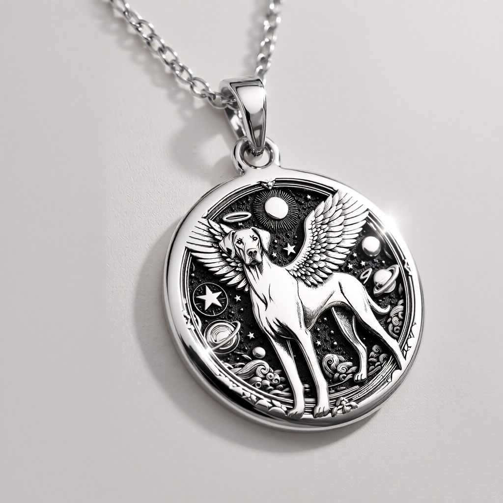 Doberman Angel Medallion Pet Memorial Necklace Necklaces 925 925 Sterling Silver winged canine pendant with stars and celestial design necklace
