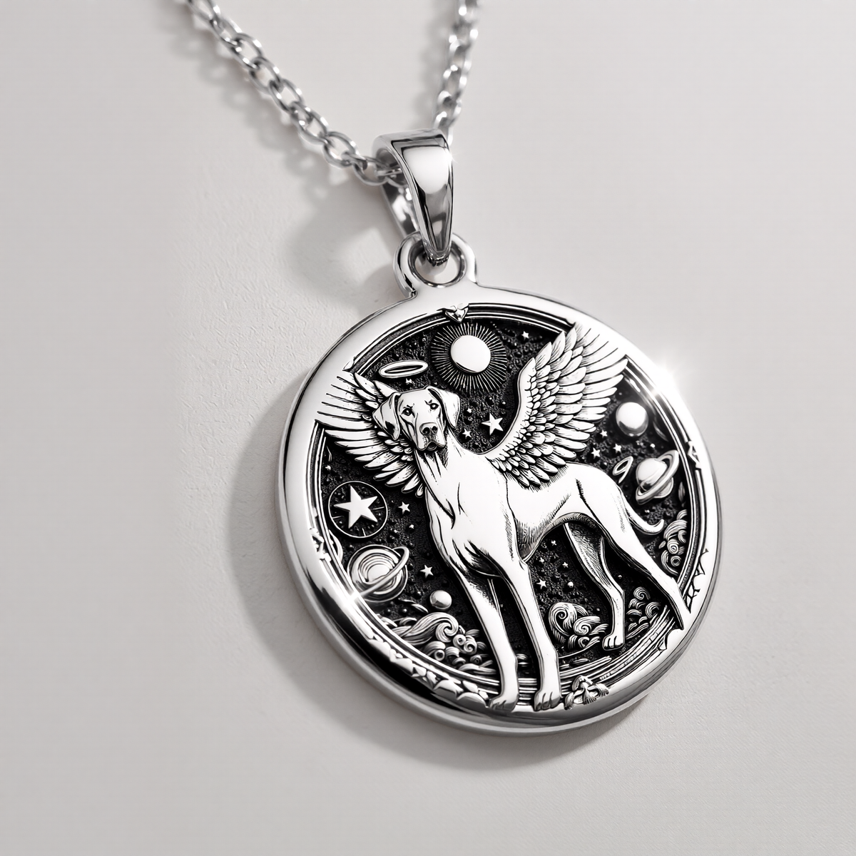 Doberman Angel Medallion Pet Memorial Necklace Necklaces 925 925 Sterling Silver winged canine pendant with stars and celestial design necklace
