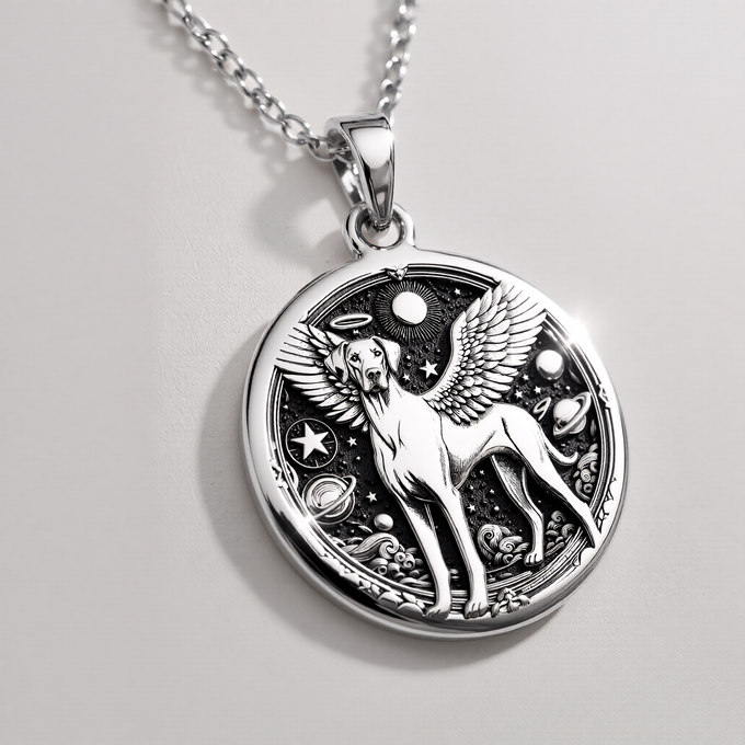 Doberman Angel Medallion Pet Memorial Necklace Necklaces 925 925 Sterling Silver winged canine pendant with stars and celestial design necklace