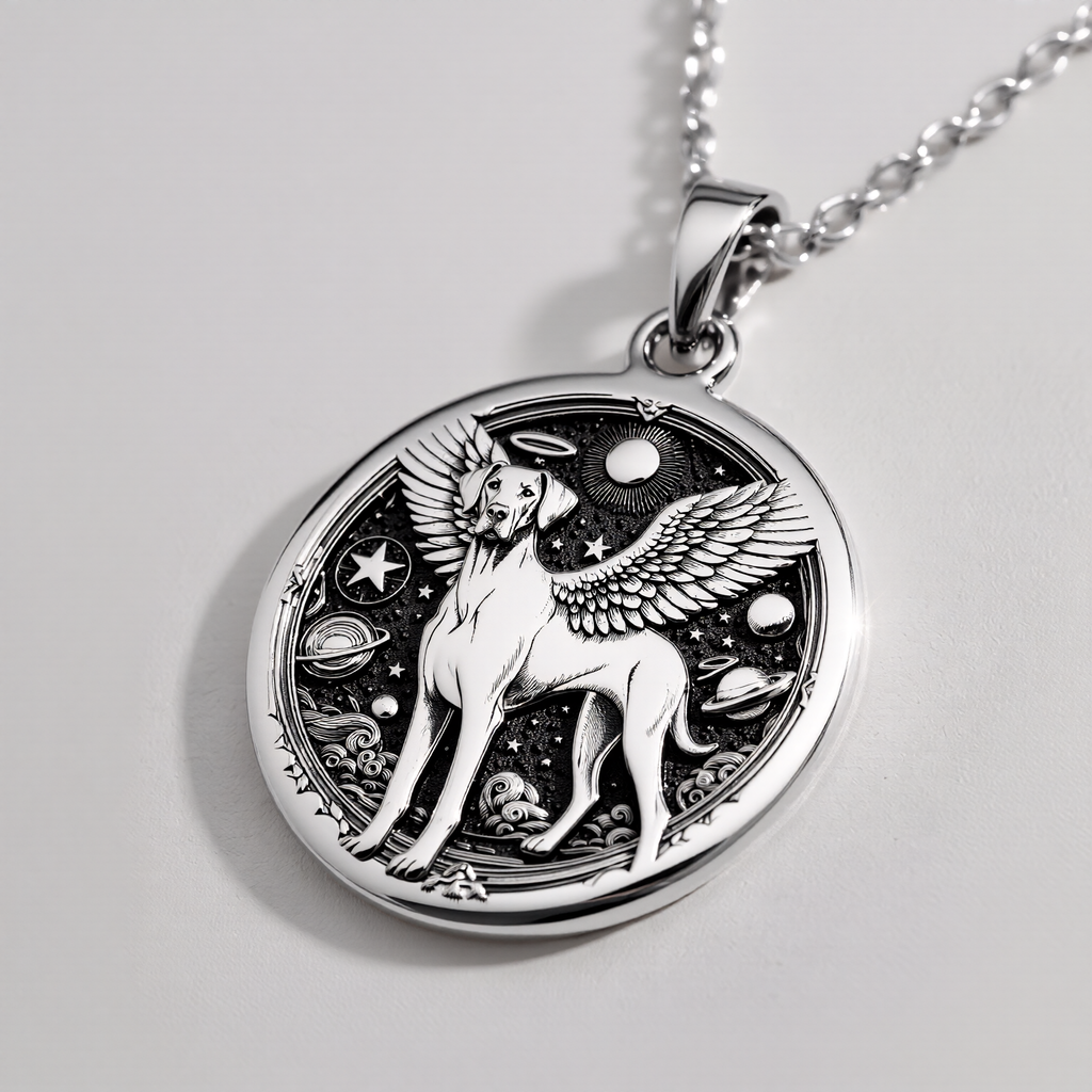 Doberman Angel Medallion Pet Memorial Necklace Necklaces 925 925 Sterling Silver winged dog pendant with celestial design necklace