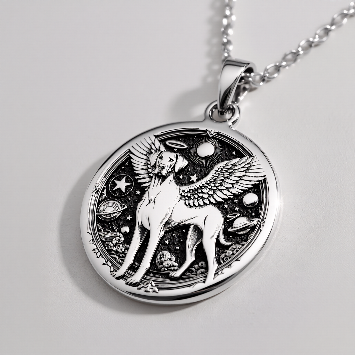 Doberman Angel Medallion Pet Memorial Necklace Necklaces 925 925 Sterling Silver winged dog pendant with celestial design necklace