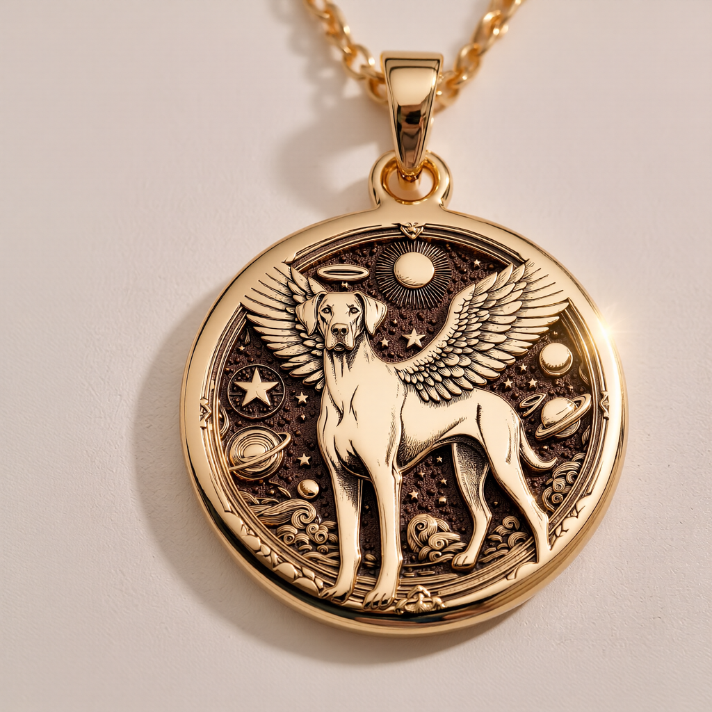 Doberman Angel Medallion Pet Memorial Necklace Necklaces 14K 14K Gold Plated winged dog pendant with celestial design necklace