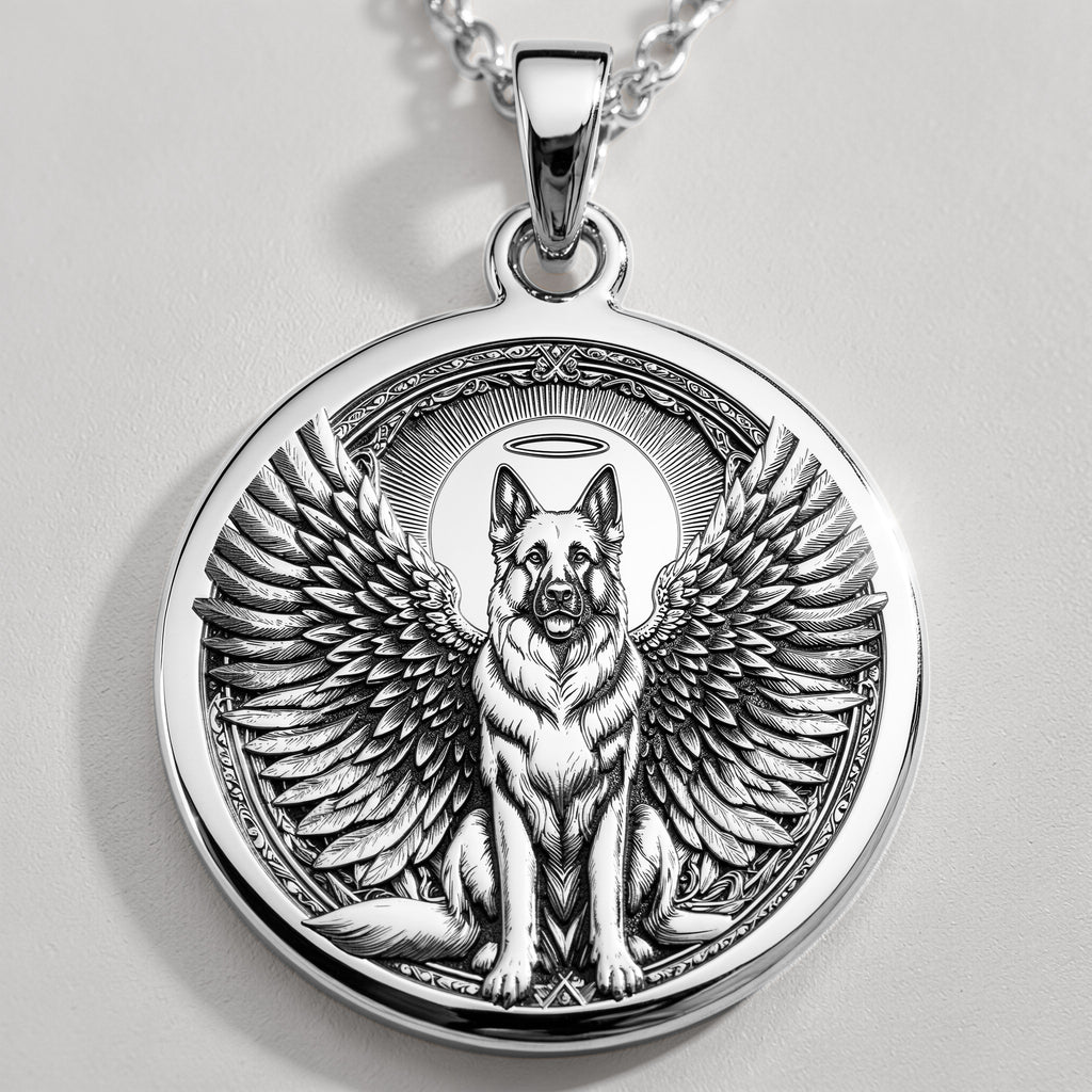 Angel Guardian German Shepherd Medallion Pendants 925 925 Sterling Silver winged dog pendant necklace with oval frame and detailed engraving.